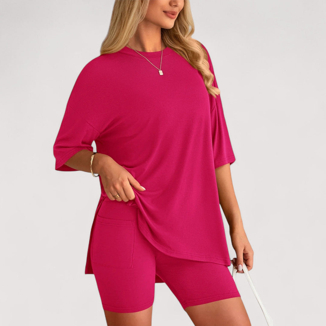 Damen Sommerset: Lockeres T-Shirt mit kurzen Ärmeln & bequeme hochtaillierte Shorts, luftig.