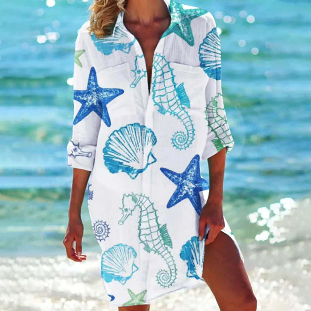 Legeres Hemdkleid für Damen in tropischem Design, bunt & leicht, perfekt für warme Sommertage.
