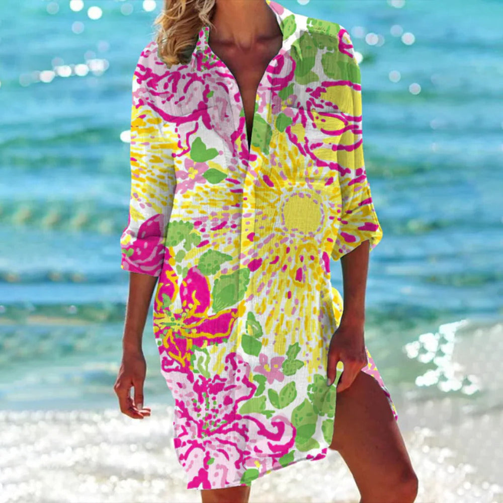 Buntes tropisches Aquarell-Hemdkleid für Damen, leger & bequem für Freizeit & Urlaub.