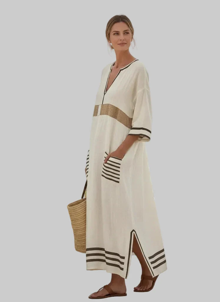 Damen Maxikleid mit V-Ausschnitt, lockerer Passform und Streifen für entspannten Sommer-Chic.