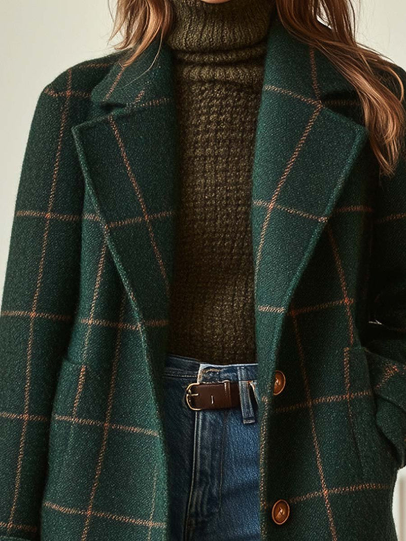 Taillierter karierter Damen Mantel im Retro Stil, perfekt für Büro & Alltag, grüne Herbstmode.