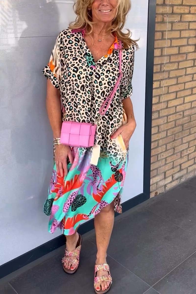 Bequemes Damen Kurzarmkleid mit Leopardenprint. Vielseitiges A-Linien Freizeitkleid, ideal für entspannte Tage.