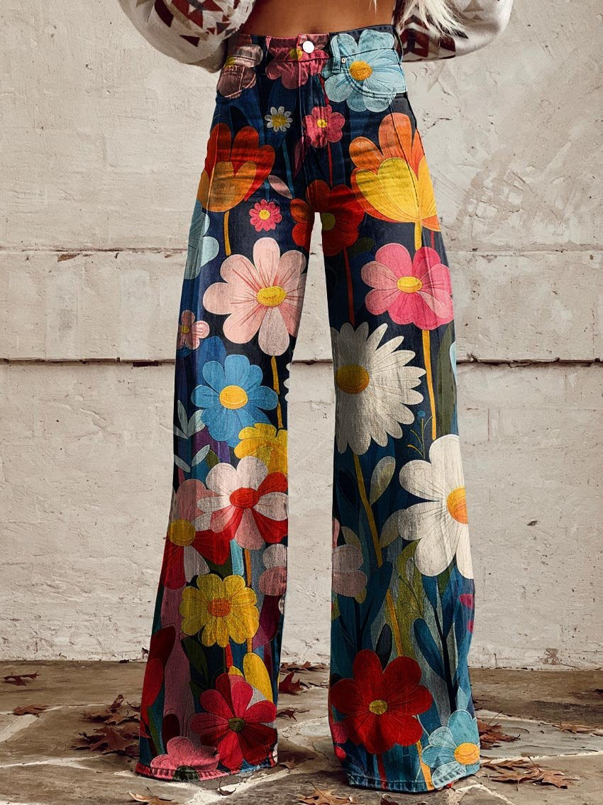 Damen Vintage Baggy Jeanshose mit weitem Bein & floralem Blumenmuster; modische Freizeithose für Frühling/Sommer.