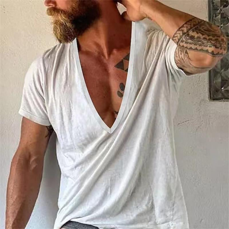 Stilvolles Herren Kurzarm T-Shirt mit tiefem V-Ausschnitt, perfekt für moderne Casual-Outfits im Sommer.