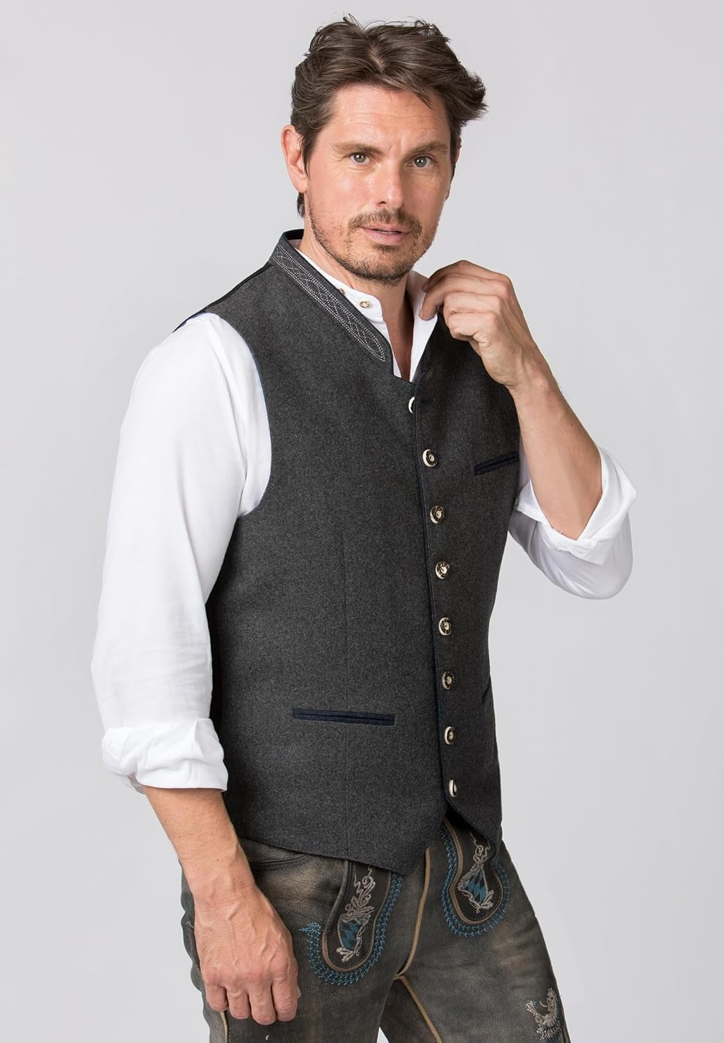 Klassische graue Herren Trachtenweste, elegant für festliche Anlässe, Oktoberfest und traditionelle Trachtenmode.