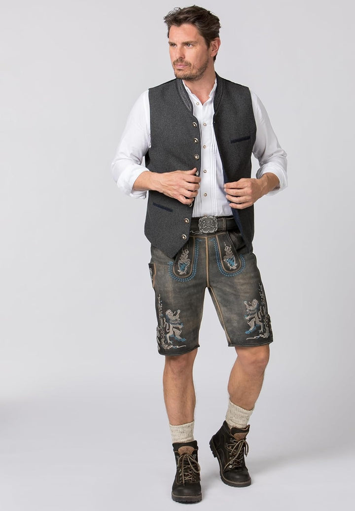 Elegante graue Männer Trachtenweste, vielseitig kombinierbar für Volksfeste und gehobene Herren Anlassmode.
