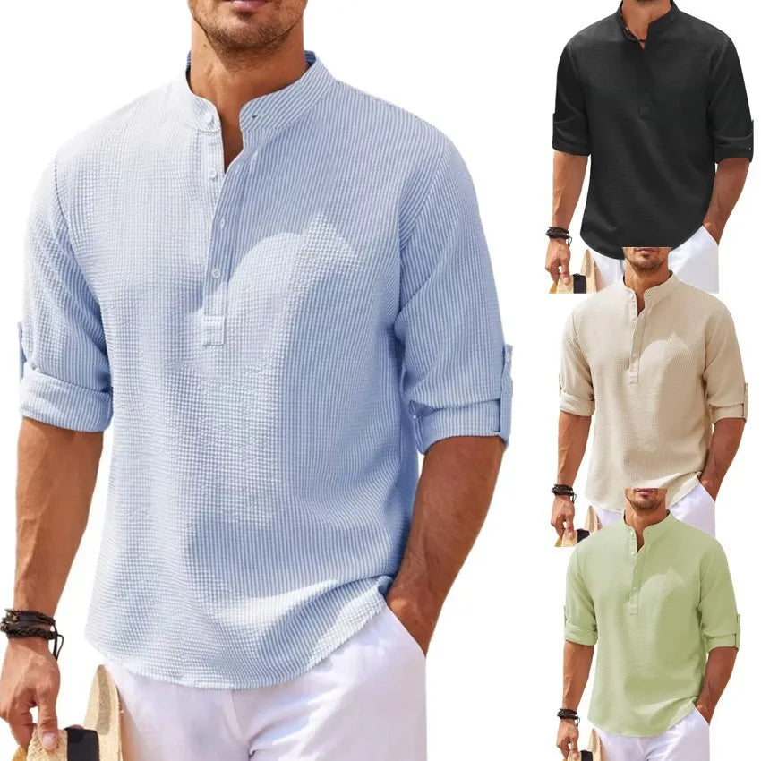 Komfortables Herren Plus Size Sommerhemd mit Stehkragen. Lässiges Langarmhemd für Übergröße, ideal für den Strand.