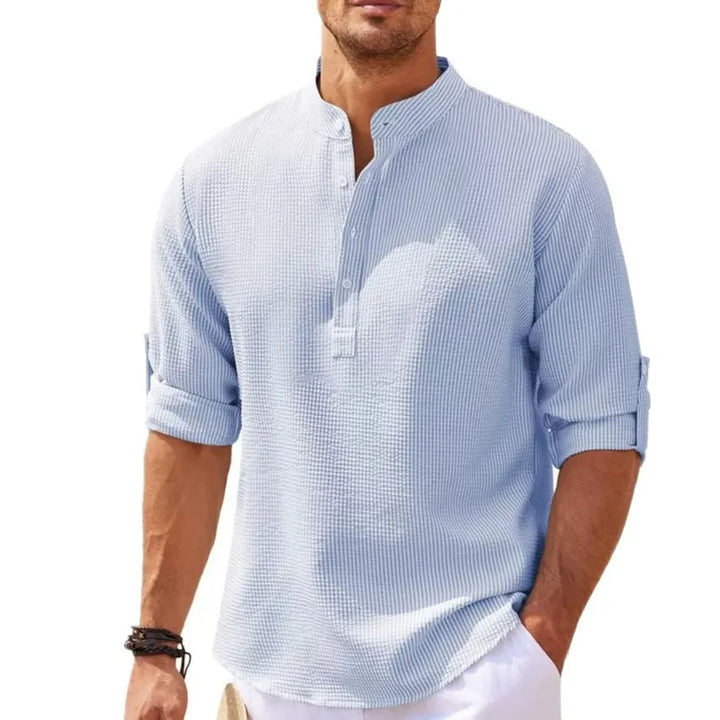 Elegantes Herren Langarm-Sommerhemd in Übergröße, lässig. Mit Stehkragen, perfekt für Urlaub & Sommerbekleidung.