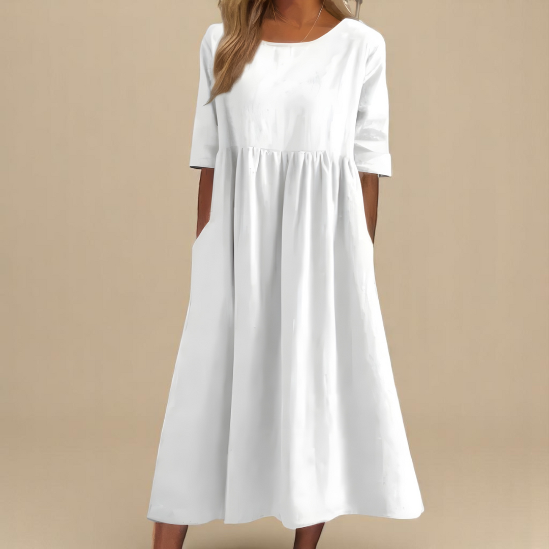 Vielseitiges Damen Midikleid mit Rundhals & Taschen; ein lässiges Relaxed Fit Sommerkleid, auch für grosse Grössen.