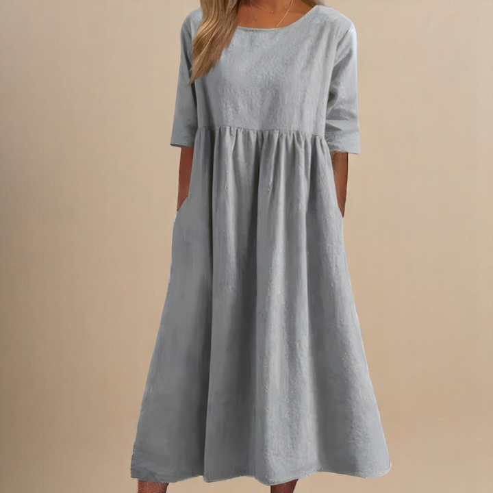 Gefaltetes Damen Sommer Midikleid mit Taschen; bequemes, stilvolles Freizeitkleid im Relaxed Fit für entspannte Tage.