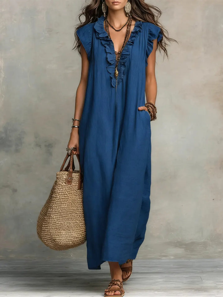 Bequemes V-Ausschnitt Freizeitkleid für Damen. Langes, ärmelloses Maxikleid, perfekt als lässiges Sommerkleid.