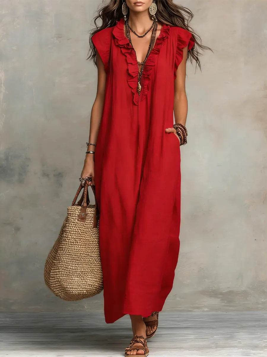 Modernes Damen Sommerkleid mit V-Ausschnitt. Langes, ärmelloses Maxikleid, lässig und elegant für den Alltag.