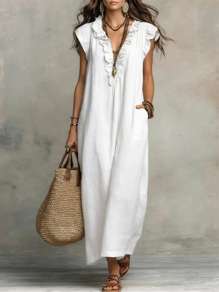 Stilvolles, langes Damen Maxikleid mit V-Ausschnitt. Ärmelloses Sommer-Freizeitkleid für einen entspannten Boho-Look.