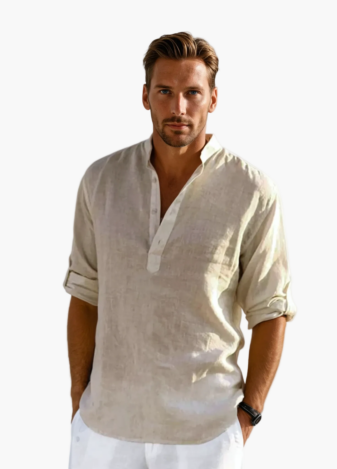 Lässiges, elegantes Herren Sommerhemd mit Stehkragen für warme Tage; atmungsaktiv & vielseitig.