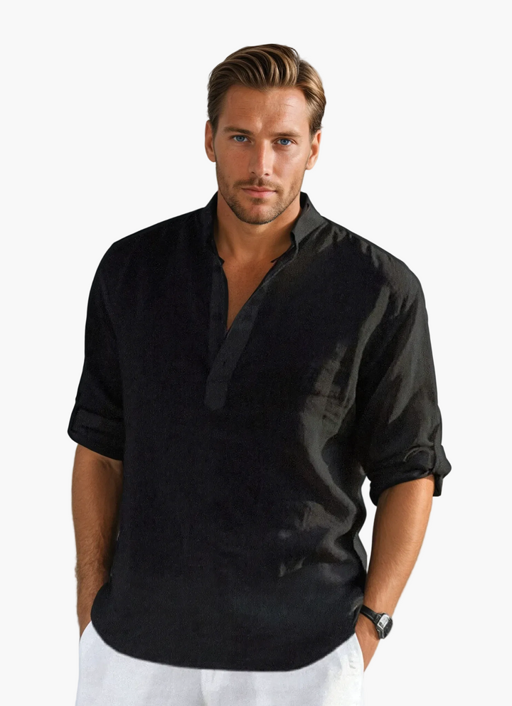 Elegantes Herren Stehkragenhemd, langärmlig, ideal für Business Casual & Freizeit im Sommer.