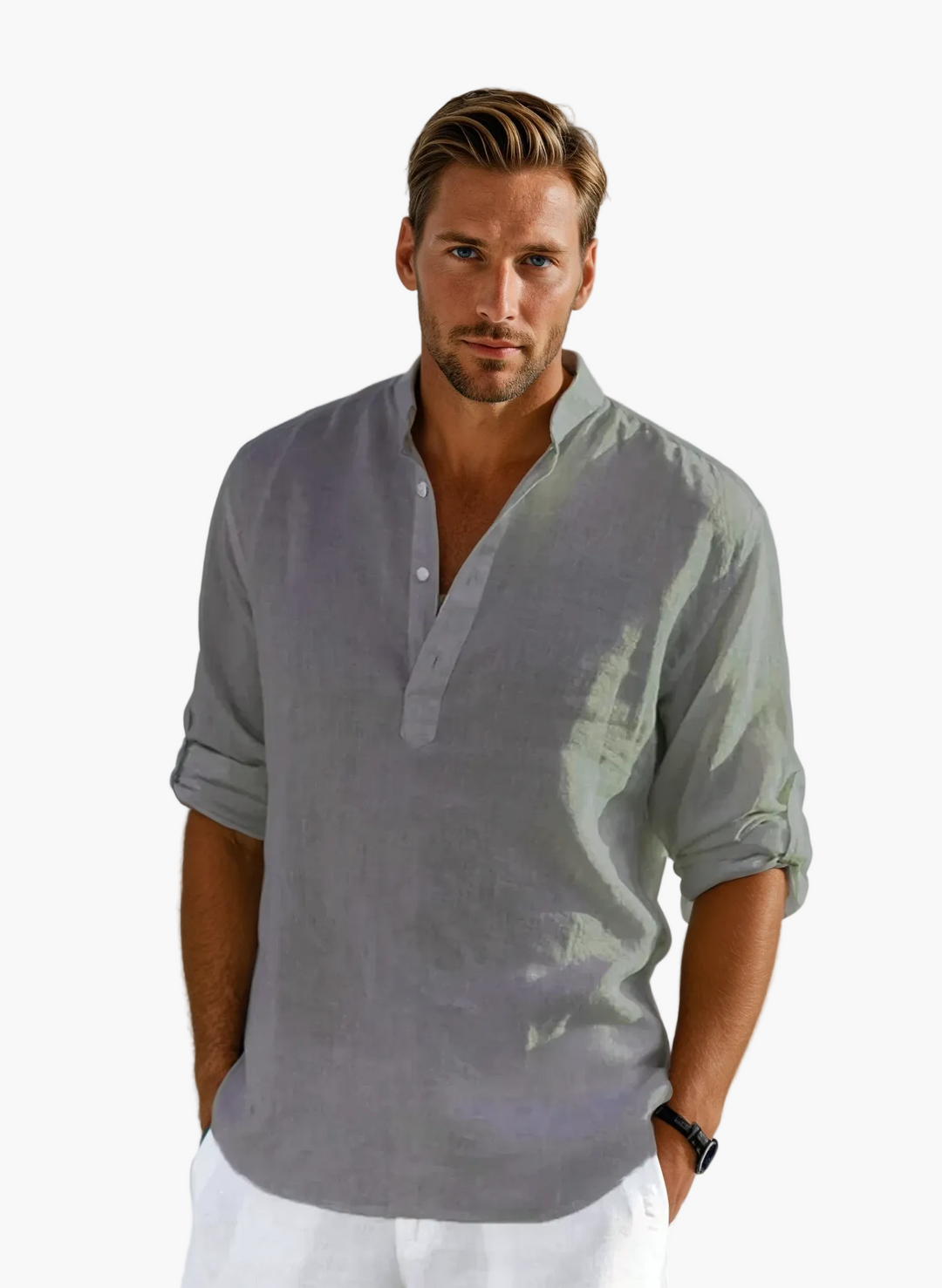 Modernes Herren Langarm-Sommerhemd, locker geschnitten, elegant und atmungsaktiv für warme Tage.