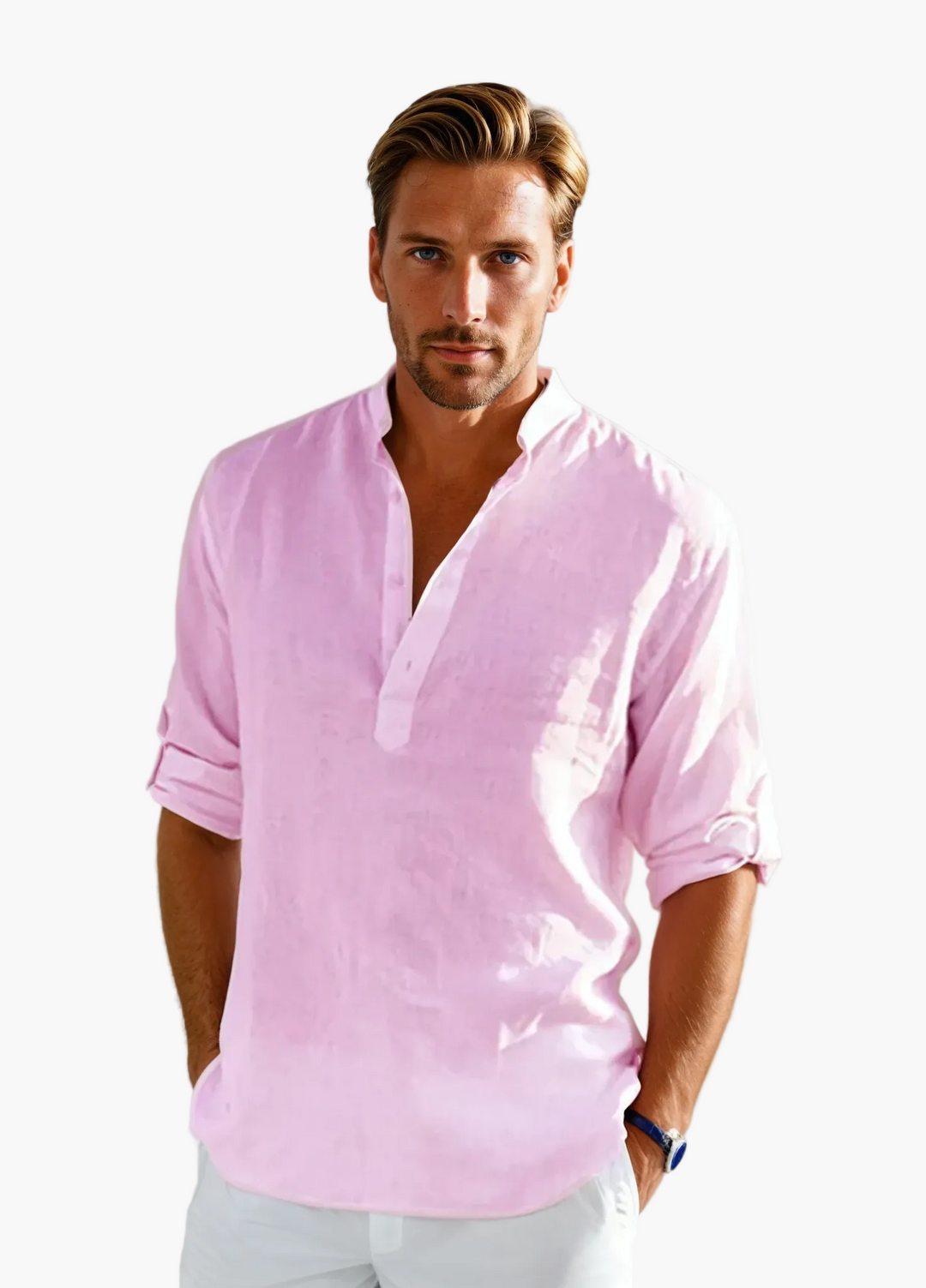 Atmungsaktives Herren Sommerhemd, langarm, mit Stehkragen. Ideal für heiße Tage und leichte Sommerlooks.