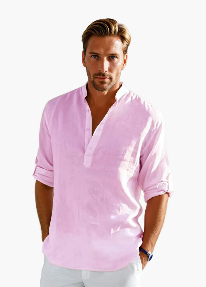 Atmungsaktives Herren Sommerhemd, langarm, mit Stehkragen. Ideal für heiße Tage und leichte Sommerlooks.