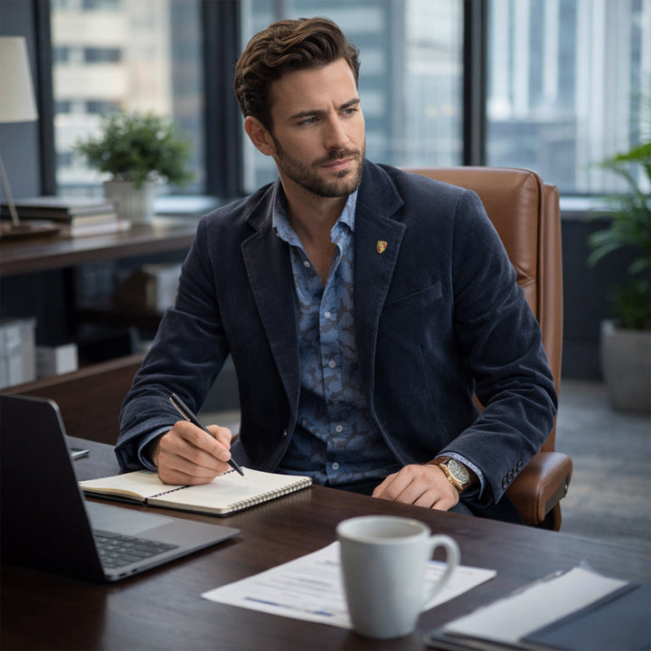 Business Casual Herrenblazer: Vintage Design, modern mit Ellbogenpatches, perfekt für stilvolle Auftritte.