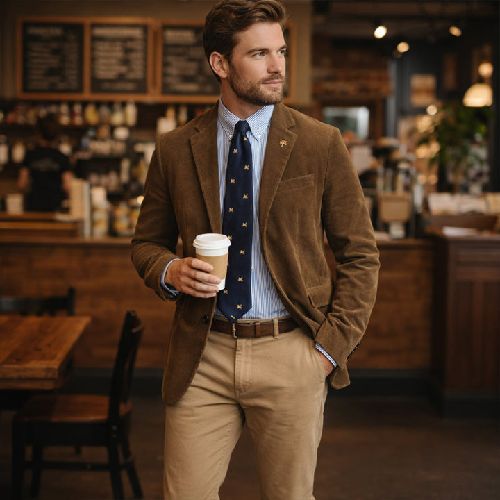 Vielseitiger Herrenblazer für den Winter: Vintage-Stil mit Ellbogenpatches, ideal für elegante Freizeit.