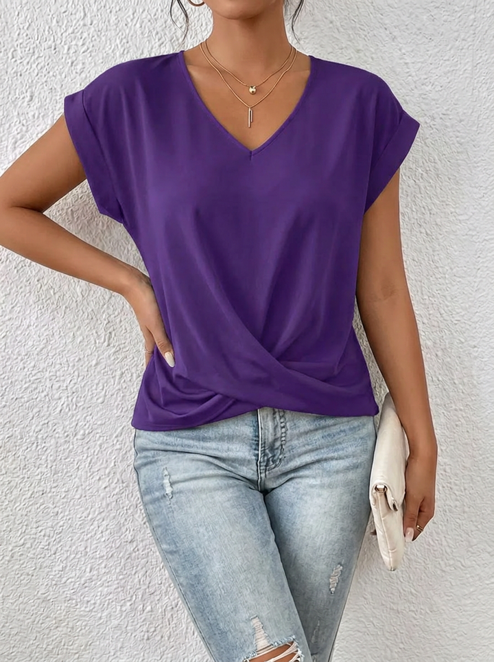 Stylisches Damen V-Ausschnitt T-Shirt, einfarbig und lässig. Bequemes Kurzarm Sommermode Oberteil.