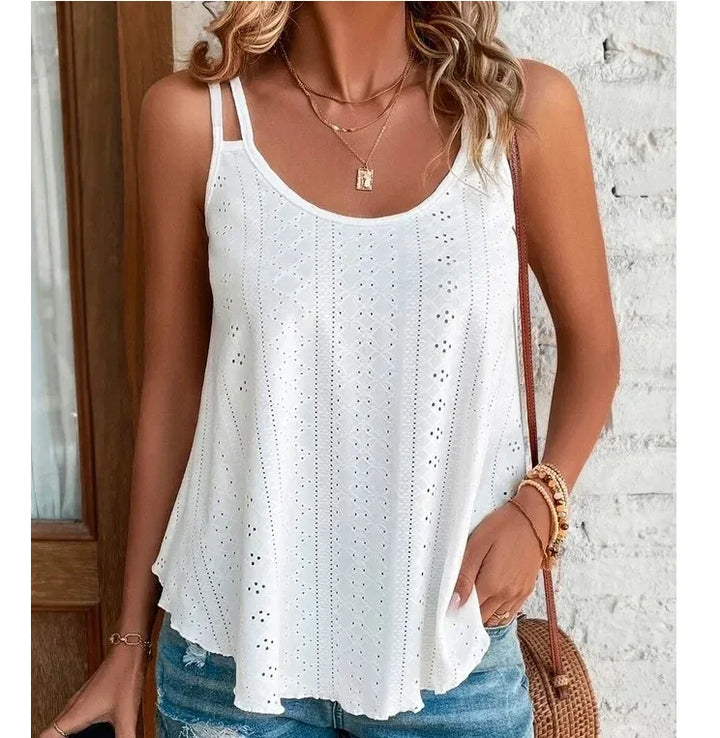 Rückenansicht: Locker geschnittenes Damen Boho Camisole Top mit Spaghettiträgern. Luftiges Sommer Oberteil.
