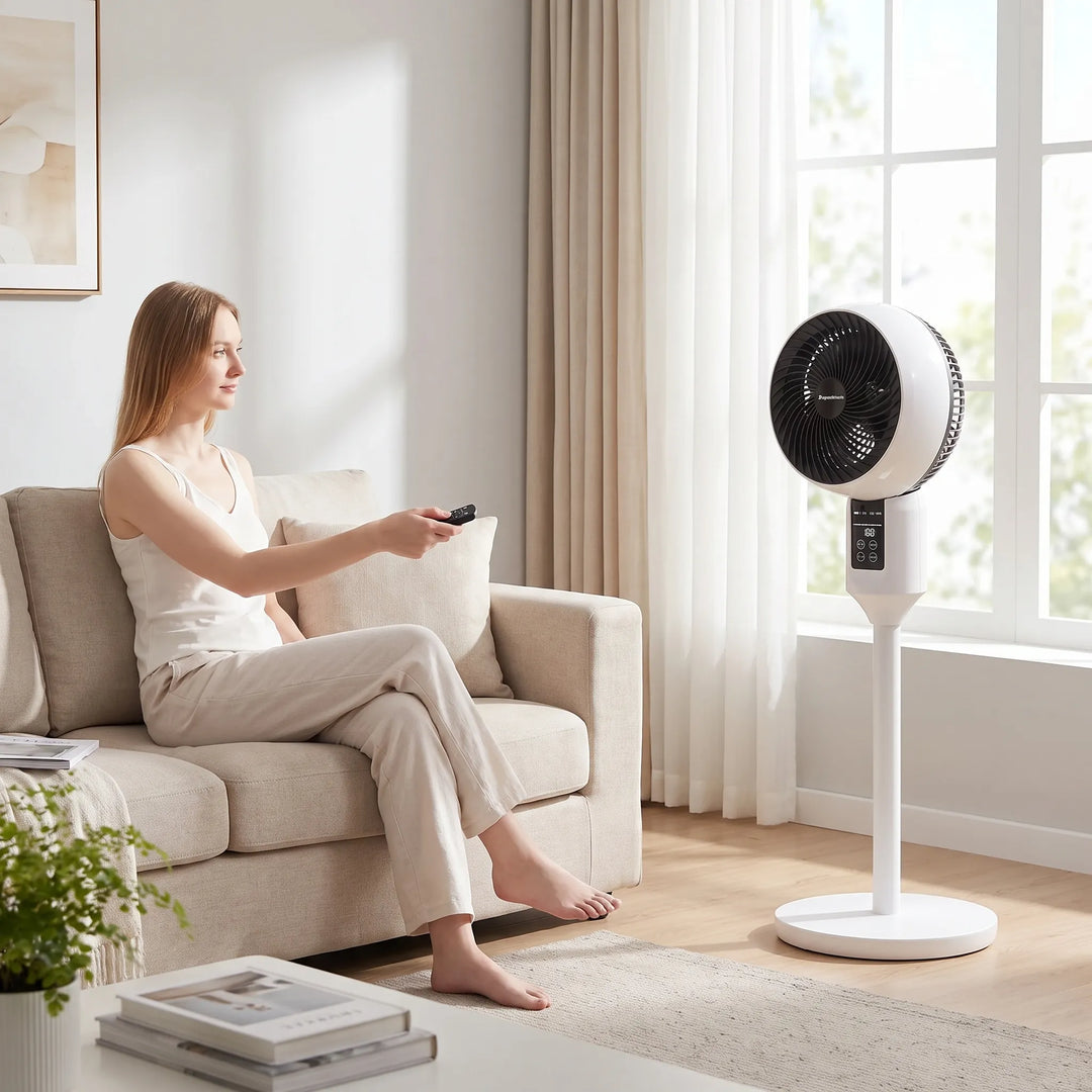 Leiser oszillierender Standventilator mit Fernbedienung. Ideal für Homeoffice und Schlafzimmer im Sommer.