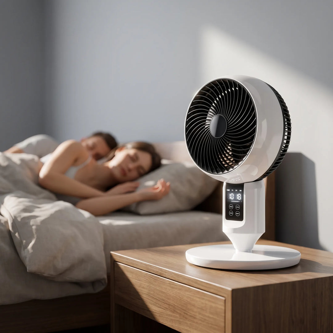 Oszillierender Standventilator in Aktion, verteilt leise frische Luft im Raum. Perfekte Sommer-Kühlung.