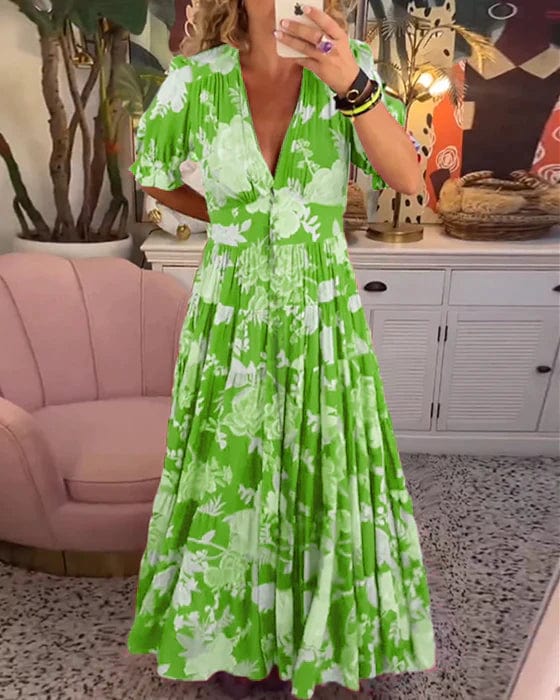 Leichtes Damen Sommer Maxikleid mit V-Ausschnitt und Blumenmuster, bequem für warme Tage, Freizeit oder Festlichkeiten.