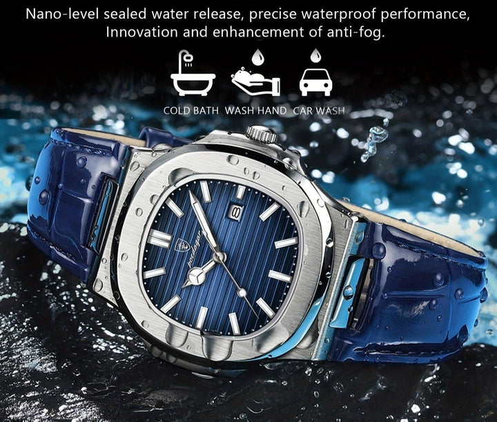 Nahaufnahme einer eleganten Herren-Armbanduhr aus Edelstahl mit Quarzwerk und kratzfestem Hardlex-Glas.