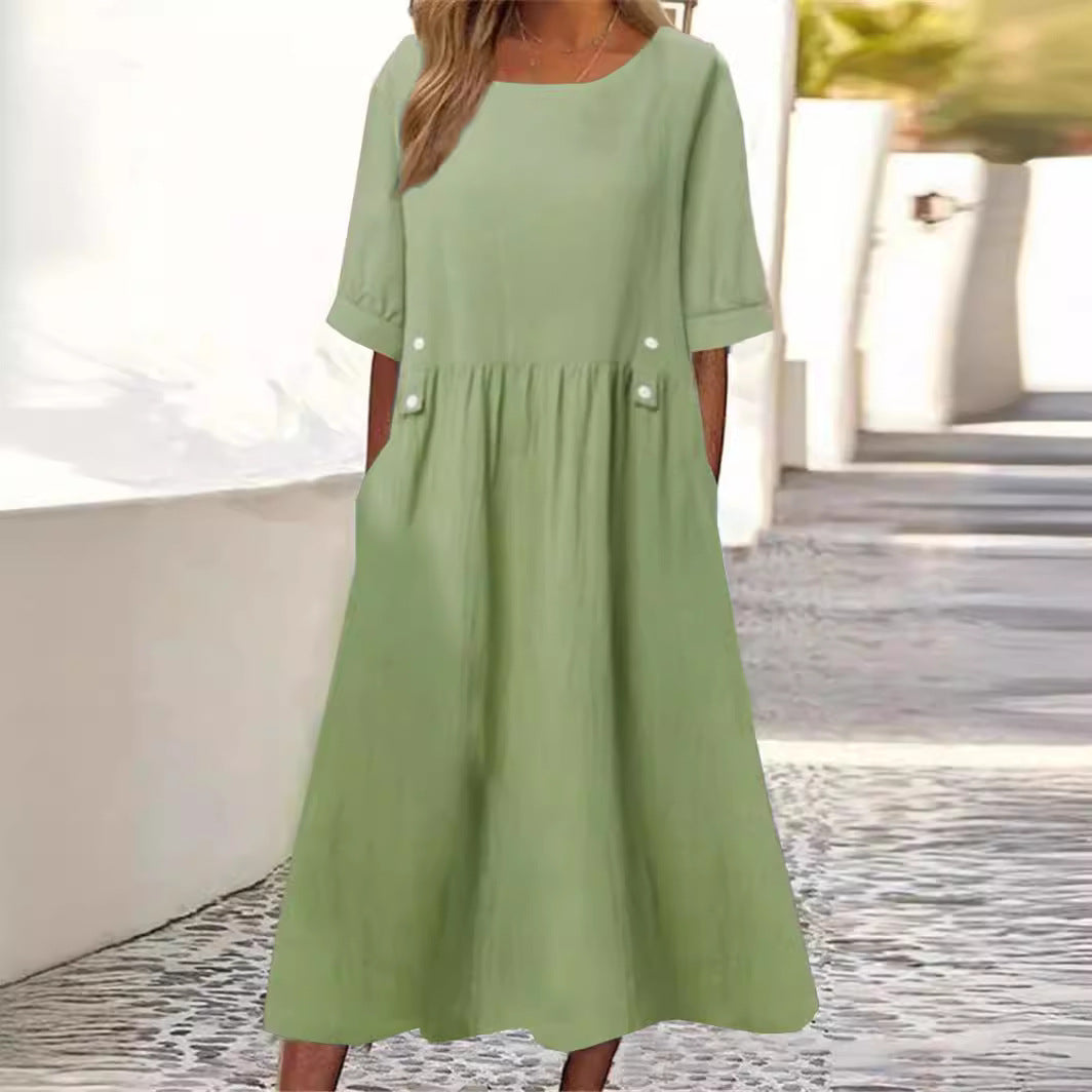 Lockeres, atmungsaktives Damen Midikleid für Frühling & Herbst mit Rundhalsausschnitt. Bequemes Freizeitkleid.