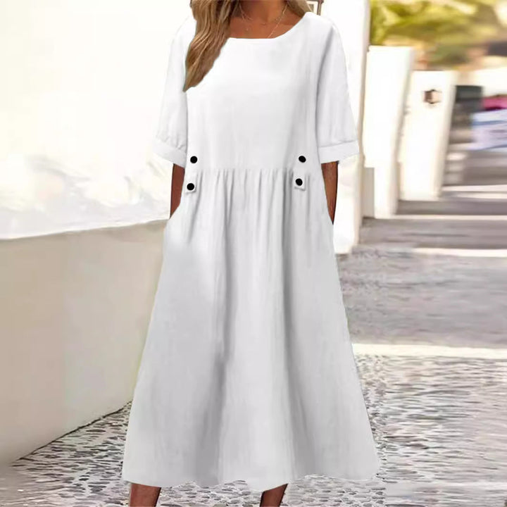 Elegantes Damen Herbstkleid in Midilänge, locker & bequem. Perfekt für die Übergangszeit mit Rundhalsausschnitt.