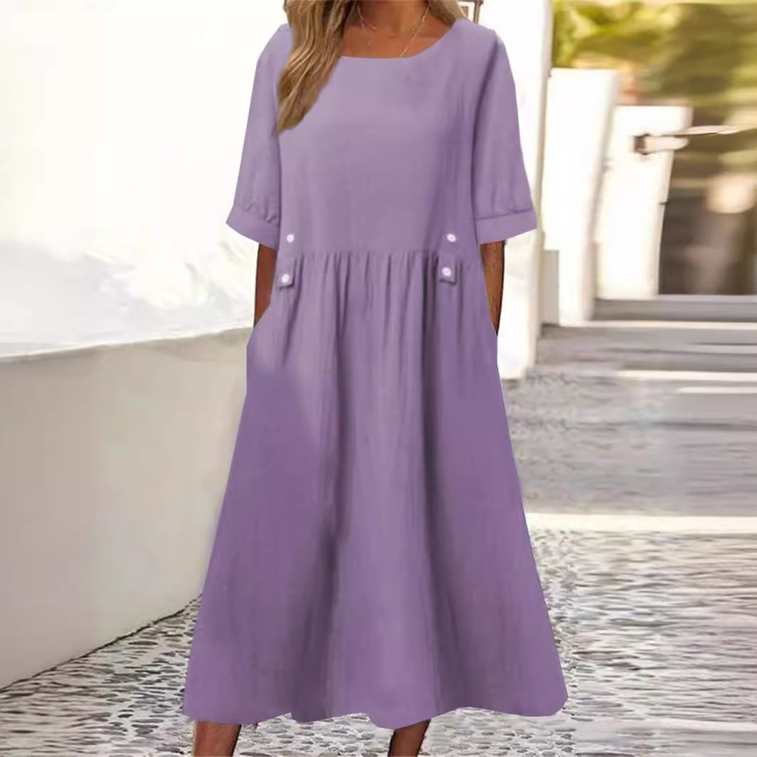 Vielseitiges Damen Midikleid für Frühling & Herbst. Locker, atmungsaktiv und bequem mit elegantem Rundhalsausschnitt.