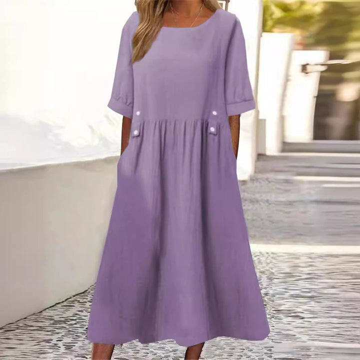 Vielseitiges Damen Midikleid für Frühling & Herbst. Locker, atmungsaktiv und bequem mit elegantem Rundhalsausschnitt.