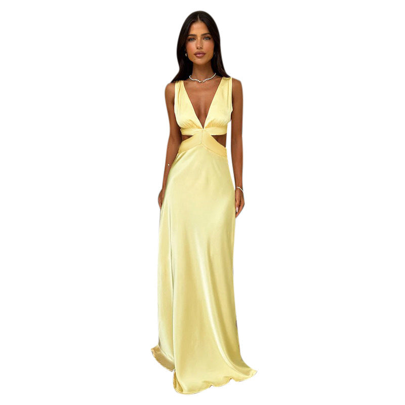 Vorderansicht des gelben Isabella Damen Maxikleides mit V-Ausschnitt & Cut-outs, elegantem Schnitt für den Abend.