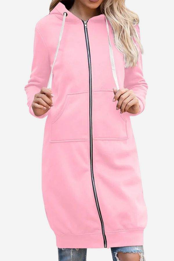 Locker sitzender Damen Winter Hoodie, Langarm, mit Reißverschluss und Kordelzug, ideal für Entspannung.