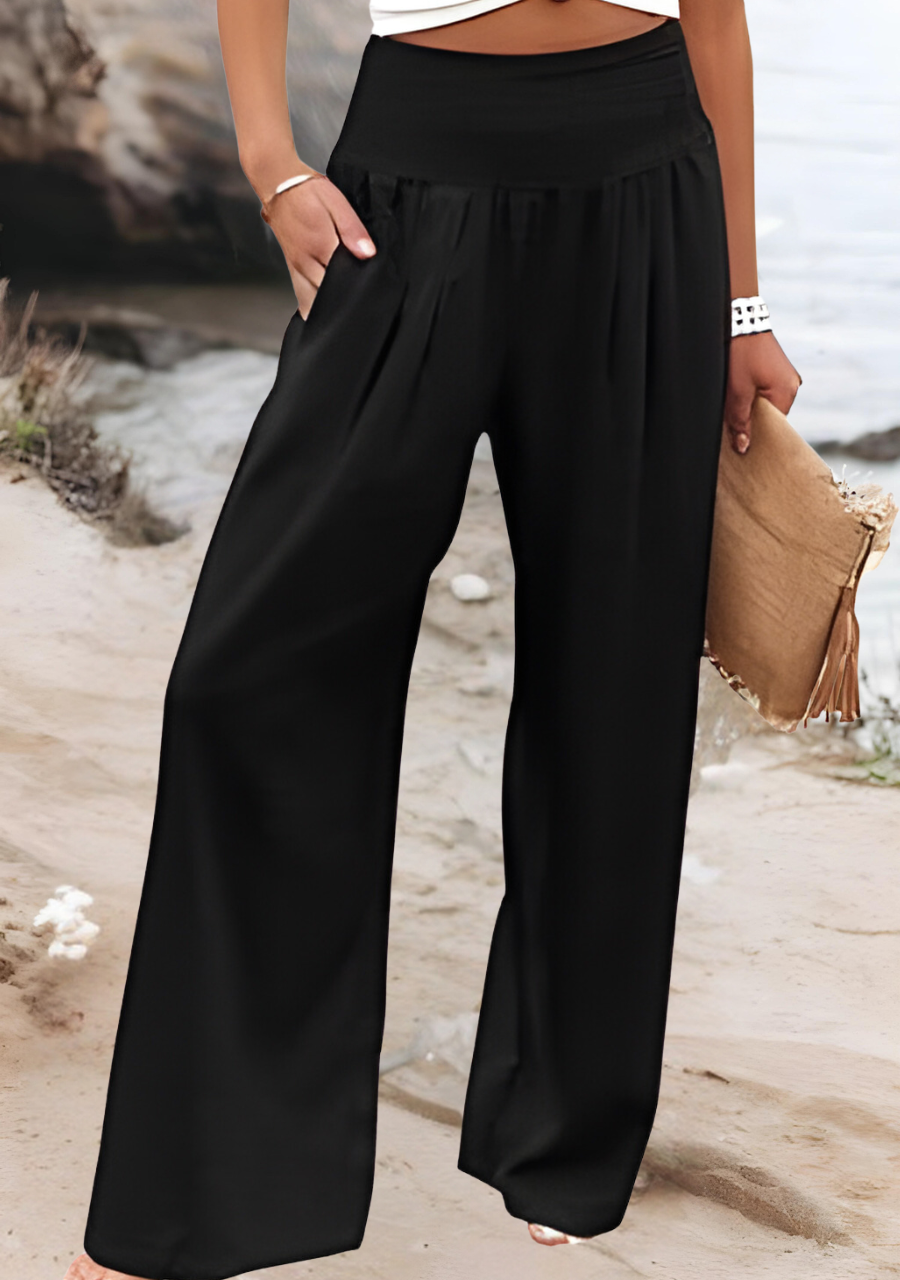 Bequeme, leichte Damen Strandhose Greta in Beige, Schwarz oder Weiß für warme Sommertage.
