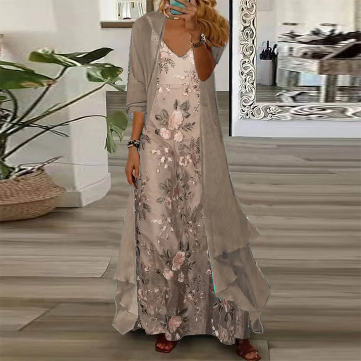 Elegantes Damen Sommerkleid Set mit floralem Maxikleid und Cardigan, femininer Lagenlook für Freizeit & Strandmode.