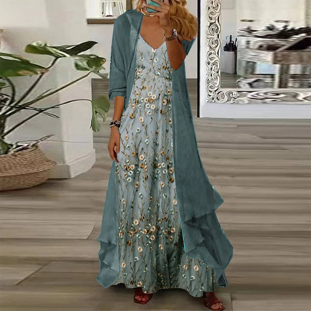 Zweiteiliges Damen Blumen-Strandkleid Set mit luftigem Maxikleid und passendem Cardigan, ideal für Urlaub & Strand.