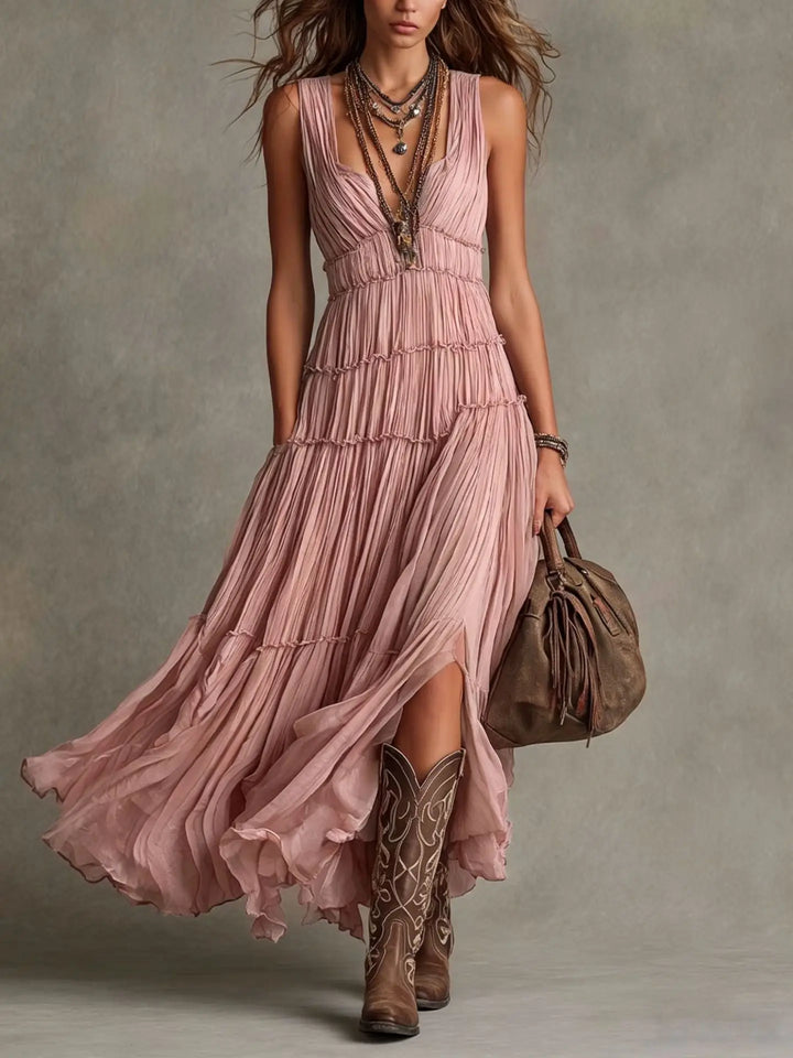 Luftiges Boho Maxikleid für Damen, Stufen-Design, V-Ausschnitt, ideal für Sommer & Freizeit. Farbenfrohes Strandkleid.