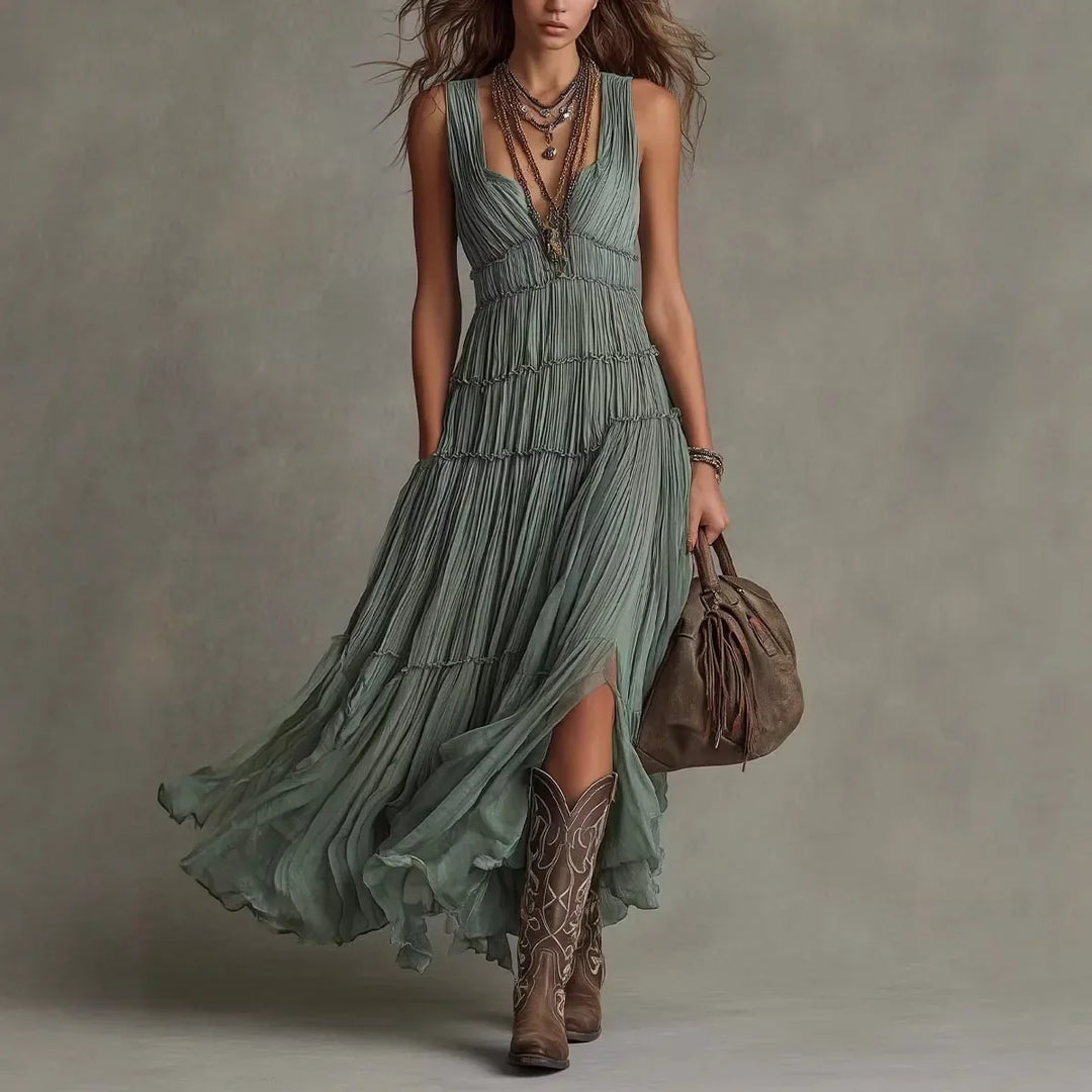 Elegantes, ärmelloses Damen Sommerkleid mit Stufen-Design. Perfektes Boho Maxikleid für Urlaub & Gartenparty.