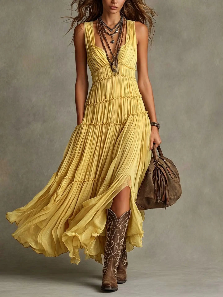 Damen Boho Stufen Maxikleid, ärmellos, V-Ausschnitt. Luftiges Sommer-Freizeitkleid, ideal für Strand & Urlaub.
