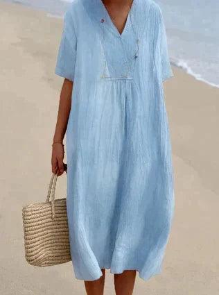 Luftiges Damen Sommerkleid mit V-Ausschnitt, Kurzarm & lockerem Schnitt. Perfekt für Strand & Freizeit.