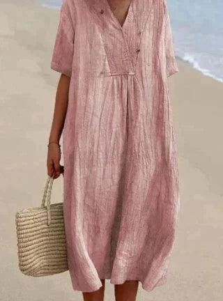 Leichtes Damen V-Ausschnitt Sommerkleid mit Kurzarm. Luftig, bequem & elegant für Freizeit oder als Strandkleid.