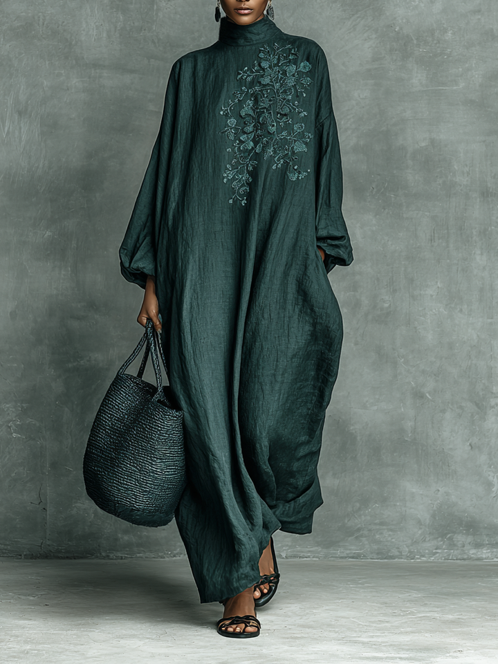 Elegantes, fließendes Damen Maxikleid für Herbsthochzeiten. Perfektes langärmliges A-Linien-Abendkleid für Hochzeitsgäste.