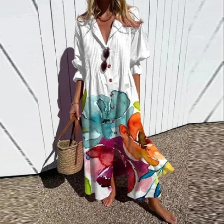 Damen Boho Maxikleid mit Blumenprint, fließend, V-Ausschnitt. Perfekt als elegantes Sommer- & Strandkleid.