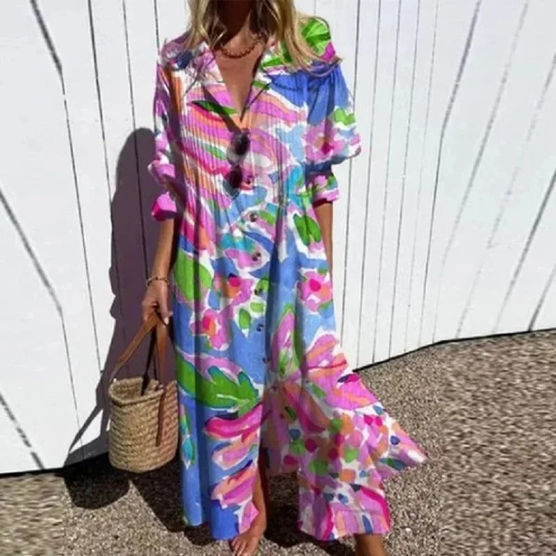Elegantes Damen Sommer Maxikleid in A-Linie, geblümt, fließender Stoff. Ideal für Urlaub & Gartenparty.
