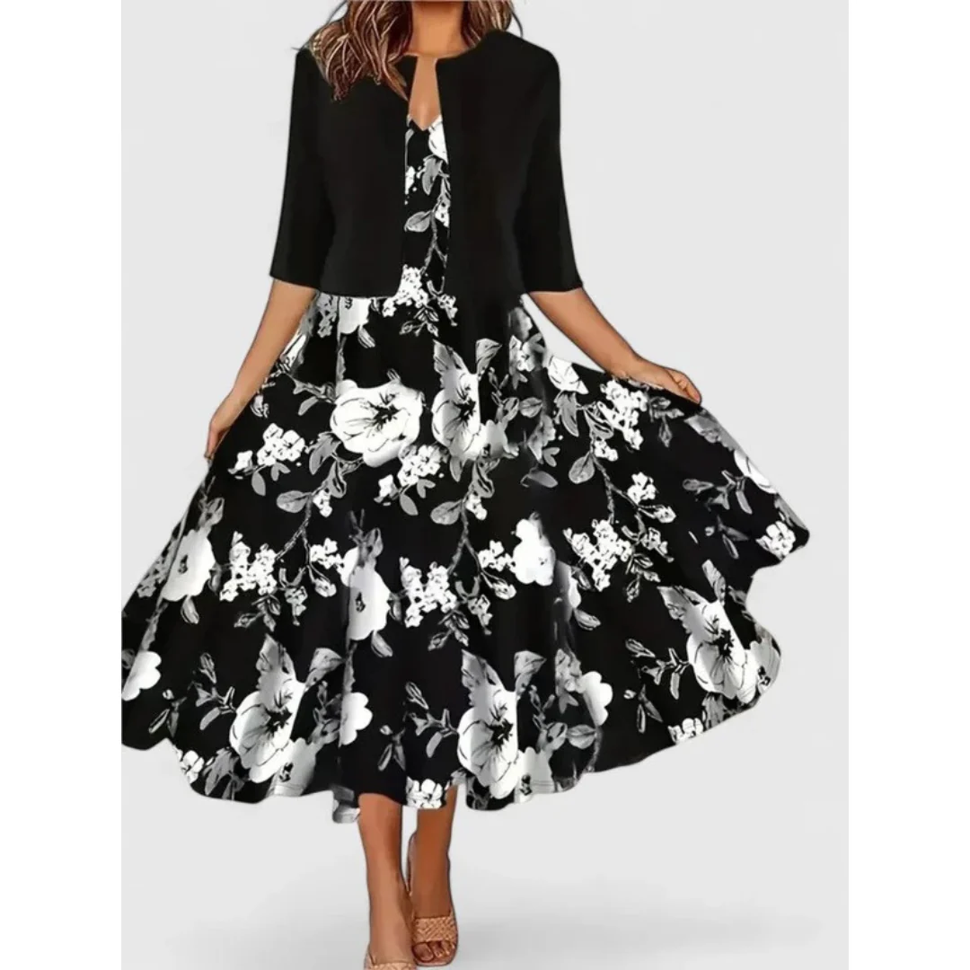 Vielseitiges Damen Midikleid & Cardigan Set. Boho-Kleid mit Blumenmuster, ideal für Freizeit oder festliche Anlässe.