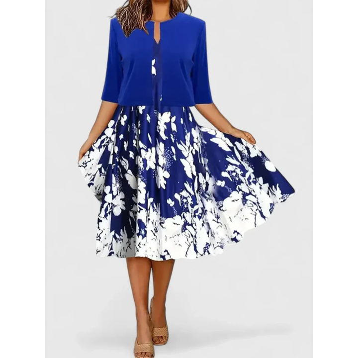 Damen Boho Midikleid Set mit kurzem Cardigan, perfekt für Frühling & Sommer. Eleganter Zweiteiler mit Blumenmuster.