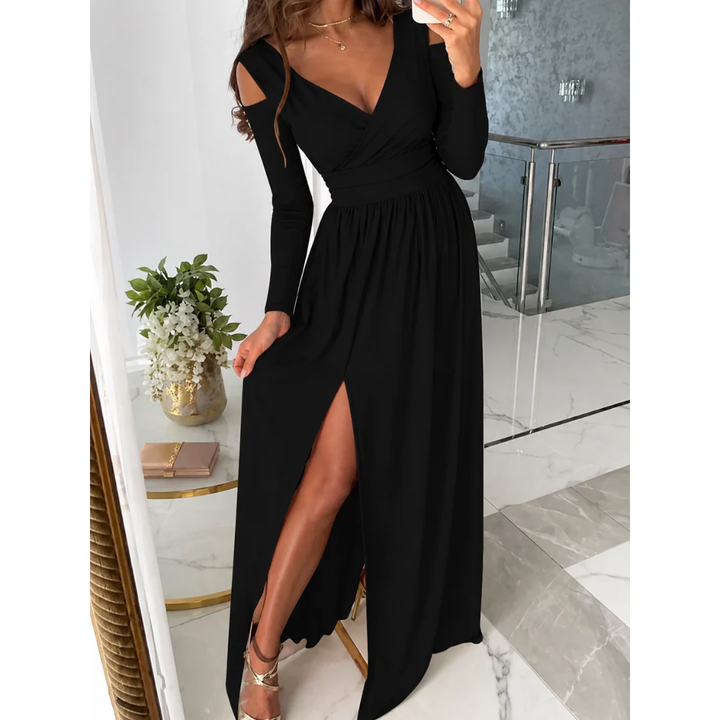 Damen Partykleid langärmelig mit Seitenschlitz, ideal für besondere Anlässe und formelle Empfänge.